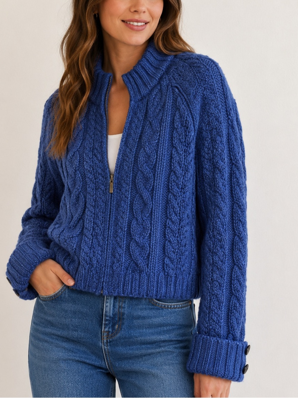 Inis Craft 100% Merino wool Cable-Knit Zip Cardigan Sweater M